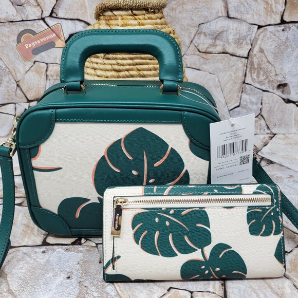 Kate Spade Monstera Green Plant Crossbody Trunk Purse and Bifold Wallet Set - Picture 2 of 10